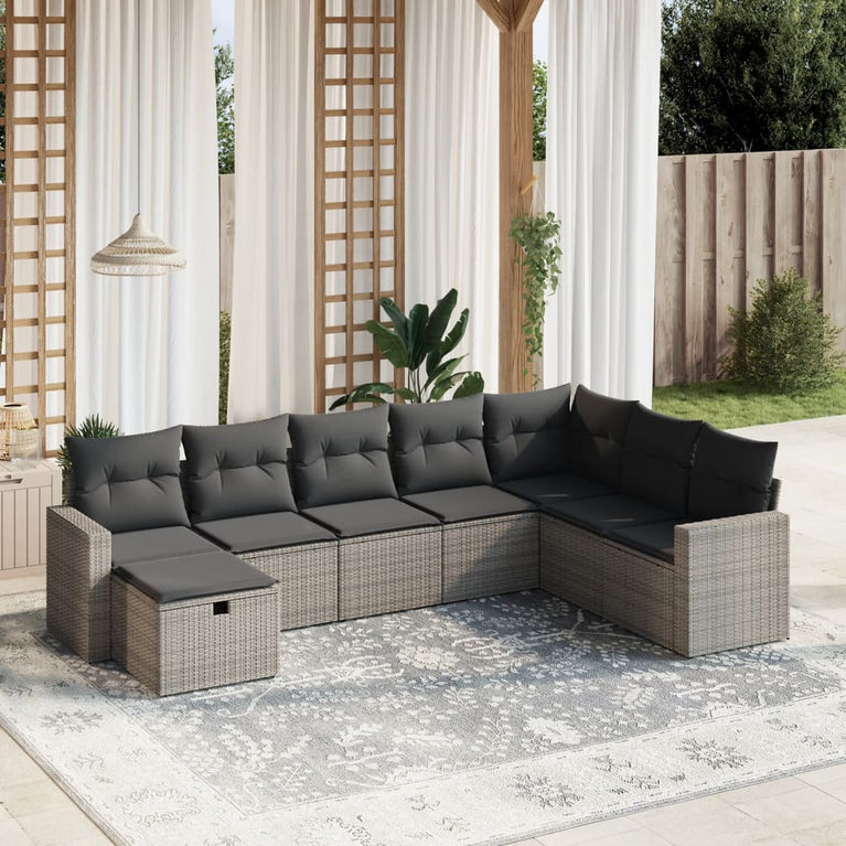 8-delige Loungeset met kussens poly rattan grijs