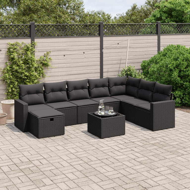 9-delige Loungeset met kussens poly rattan zwart