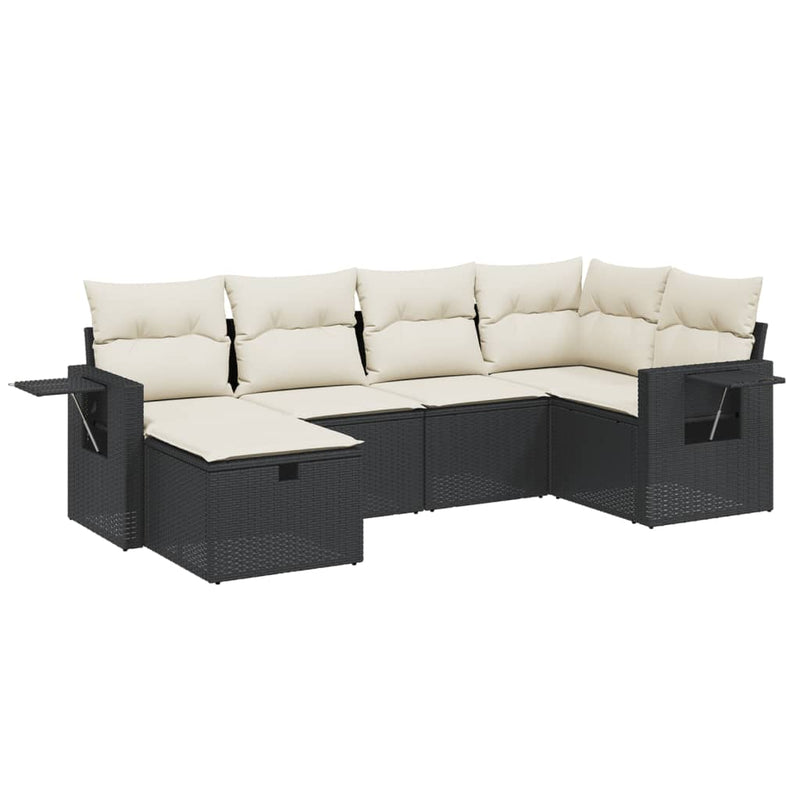 6-delige Loungeset met kussens poly rattan zwart