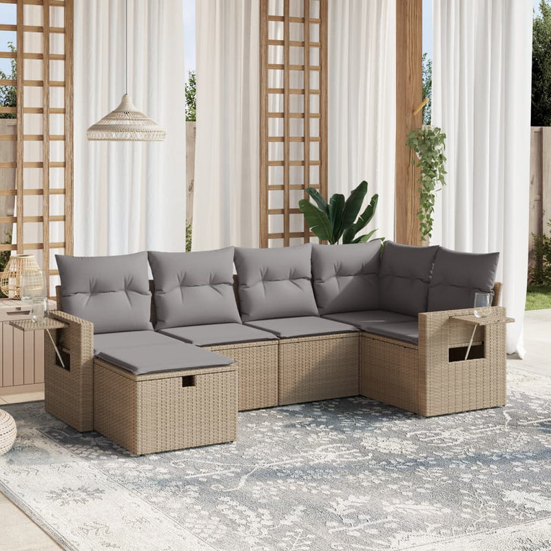 6-delige Loungeset met kussens poly rattan gemengd beige