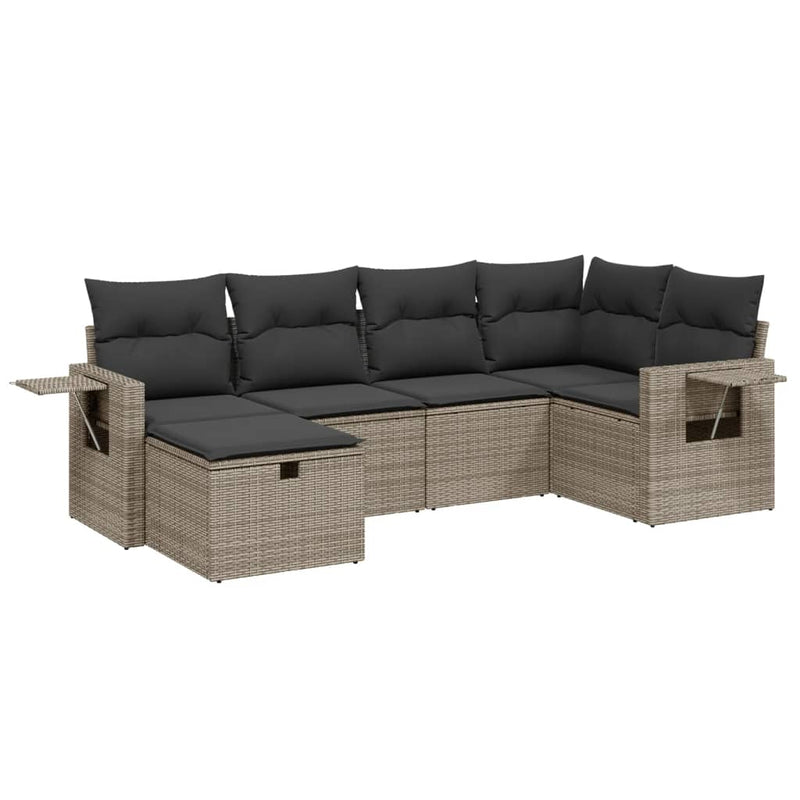6-delige Loungeset met kussens poly rattan grijs