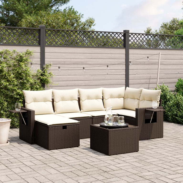 6-delige Loungeset met kussens poly rattan bruin