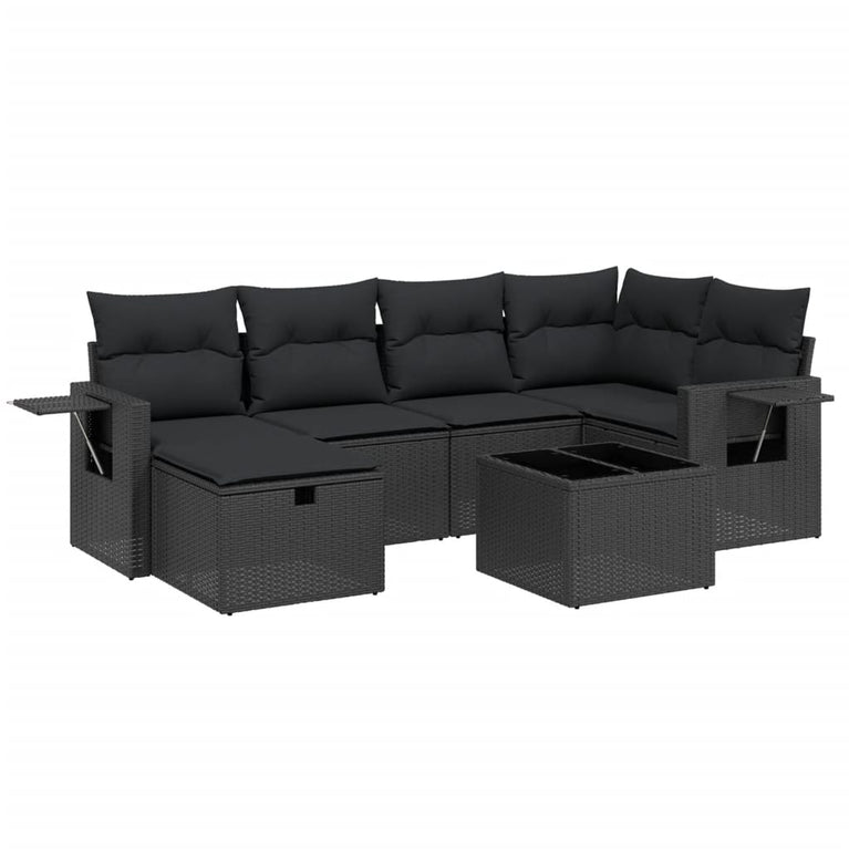 7-delige Loungeset met kussens poly rattan zwart