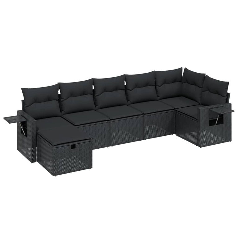 7-delige Loungeset met kussens poly rattan zwart