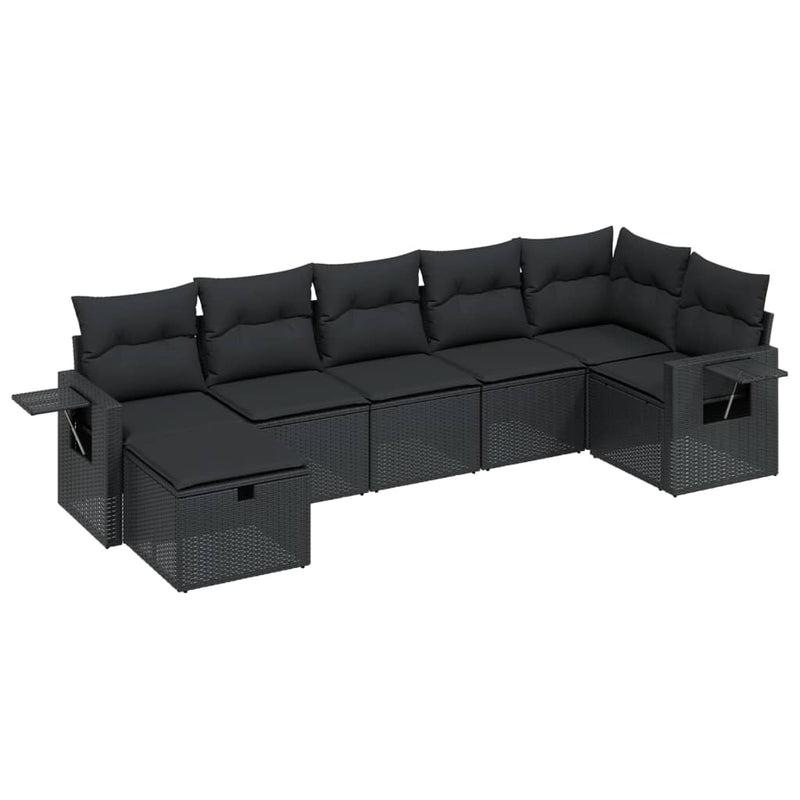 7-delige Loungeset met kussens poly rattan zwart