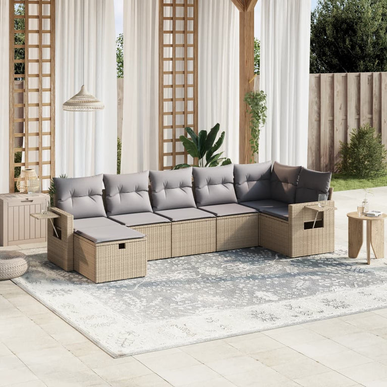 7-delige Loungeset met kussens poly rattan gemengd beige