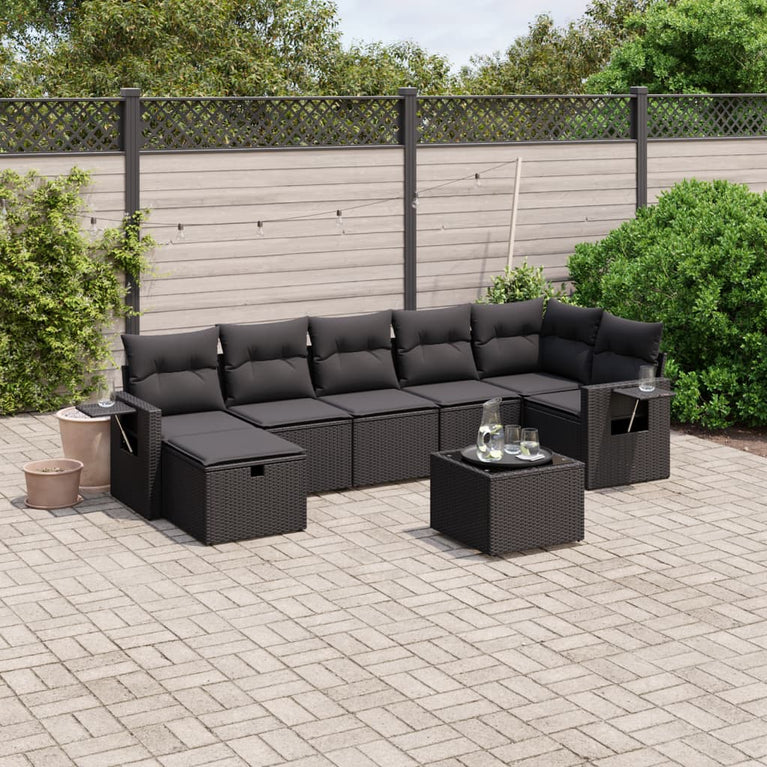 8-delige Loungeset met kussens poly rattan zwart