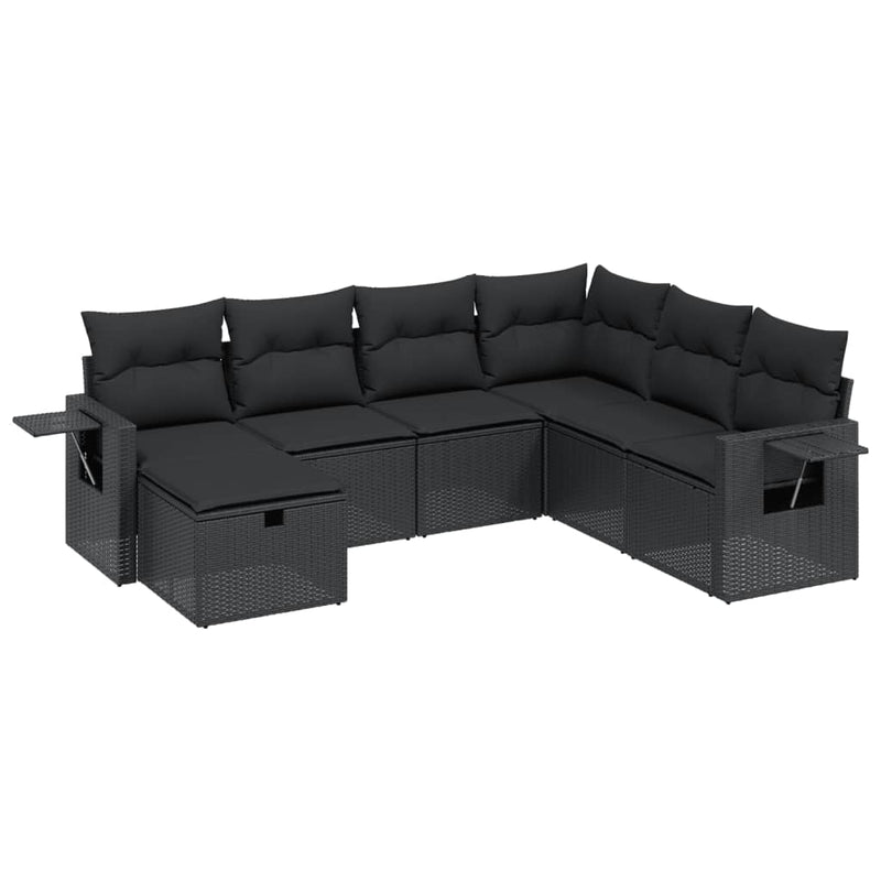 7-delige Loungeset met kussens poly rattan zwart