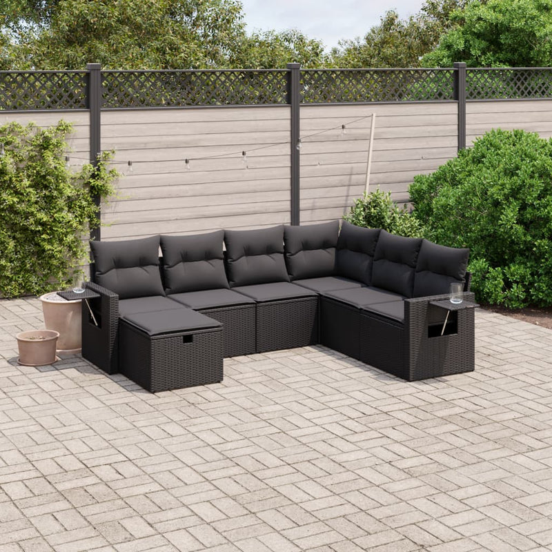 7-delige Loungeset met kussens poly rattan zwart
