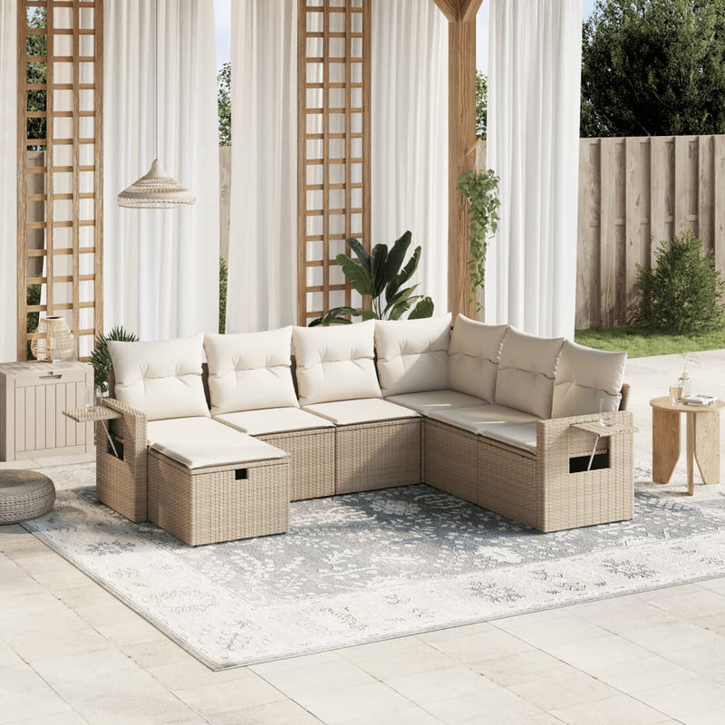 7-delige Loungeset met kussens poly rattan beige