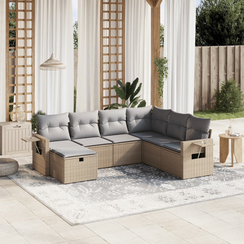 7-delige Loungeset met kussens poly rattan gemengd beige