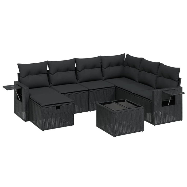 8-delige Loungeset met kussens poly rattan zwart