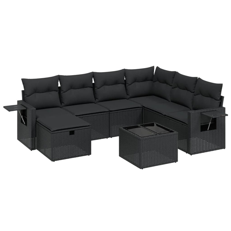8-delige Loungeset met kussens poly rattan zwart