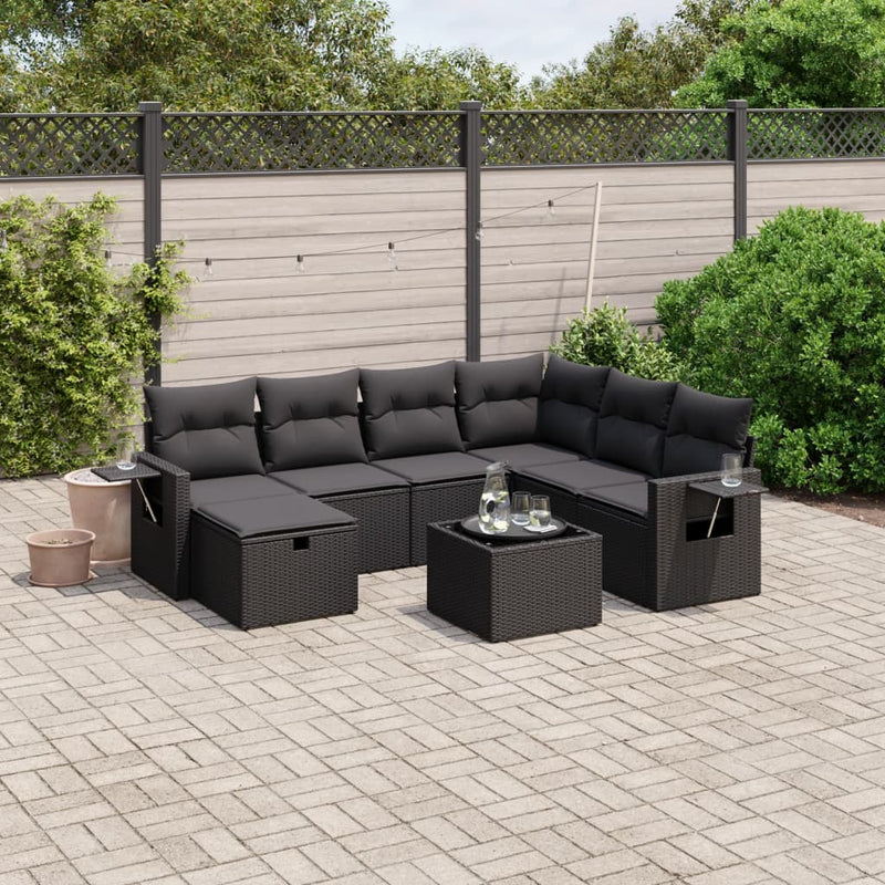 8-delige Loungeset met kussens poly rattan zwart