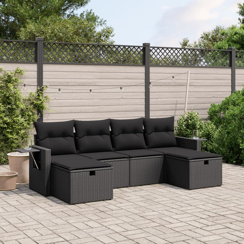 6-delige Loungeset met kussens poly rattan zwart