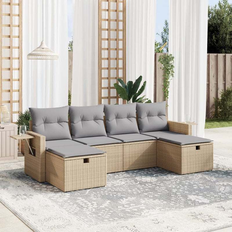 6-delige Loungeset met kussens poly rattan gemengd beige