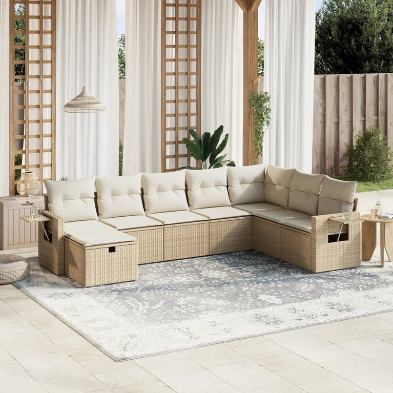 8-delige Loungeset met kussens poly rattan beige