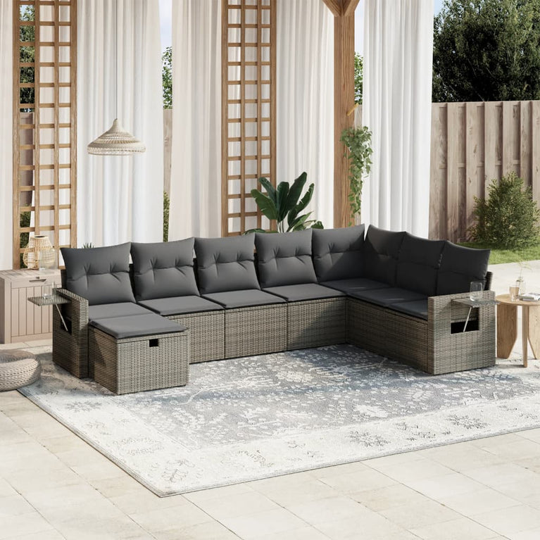 8-delige Loungeset met kussens poly rattan grijs