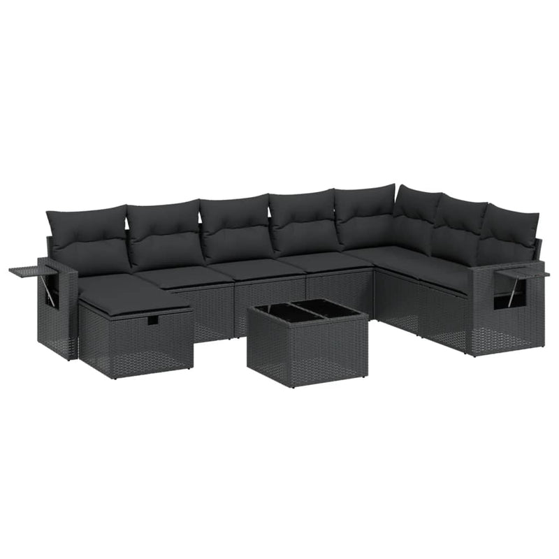 9-delige Loungeset met kussens poly rattan zwart