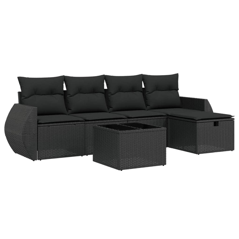 6-delige Loungeset met kussens poly rattan zwart
