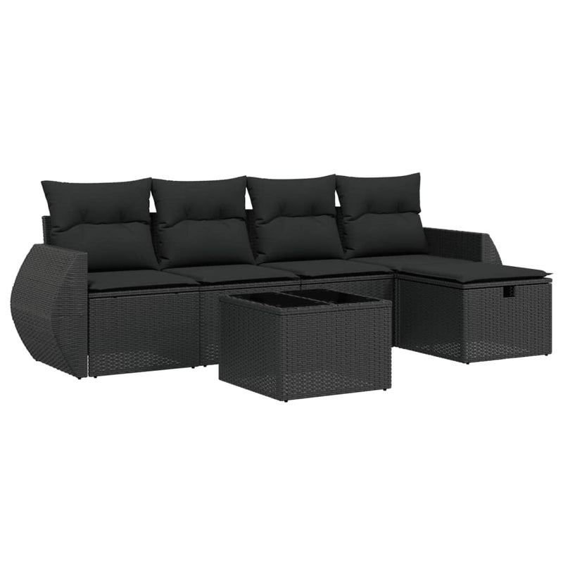 6-delige Loungeset met kussens poly rattan zwart