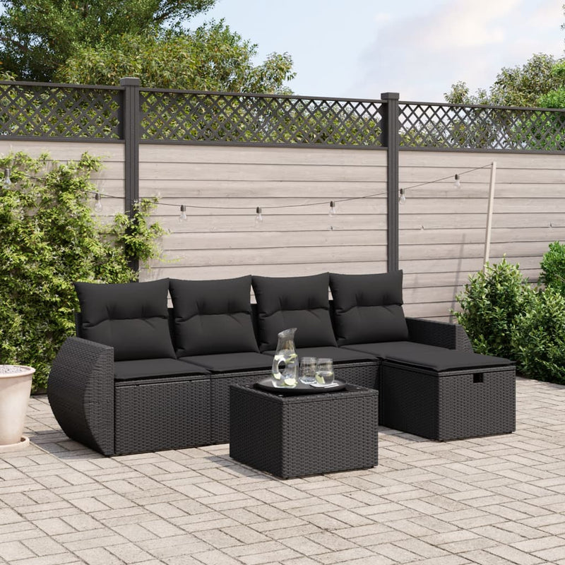 6-delige Loungeset met kussens poly rattan zwart