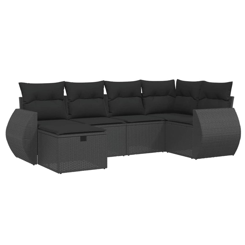 6-delige Loungeset met kussens poly rattan zwart