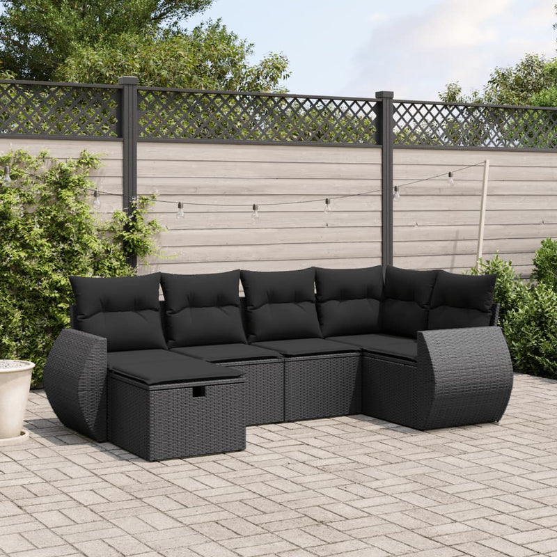 6-delige Loungeset met kussens poly rattan zwart