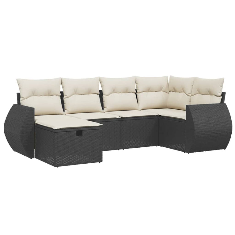 6-delige Loungeset met kussens poly rattan zwart