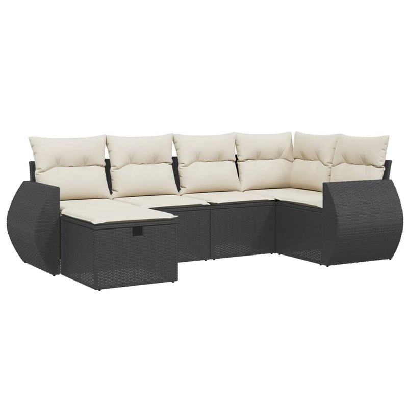 6-delige Loungeset met kussens poly rattan zwart