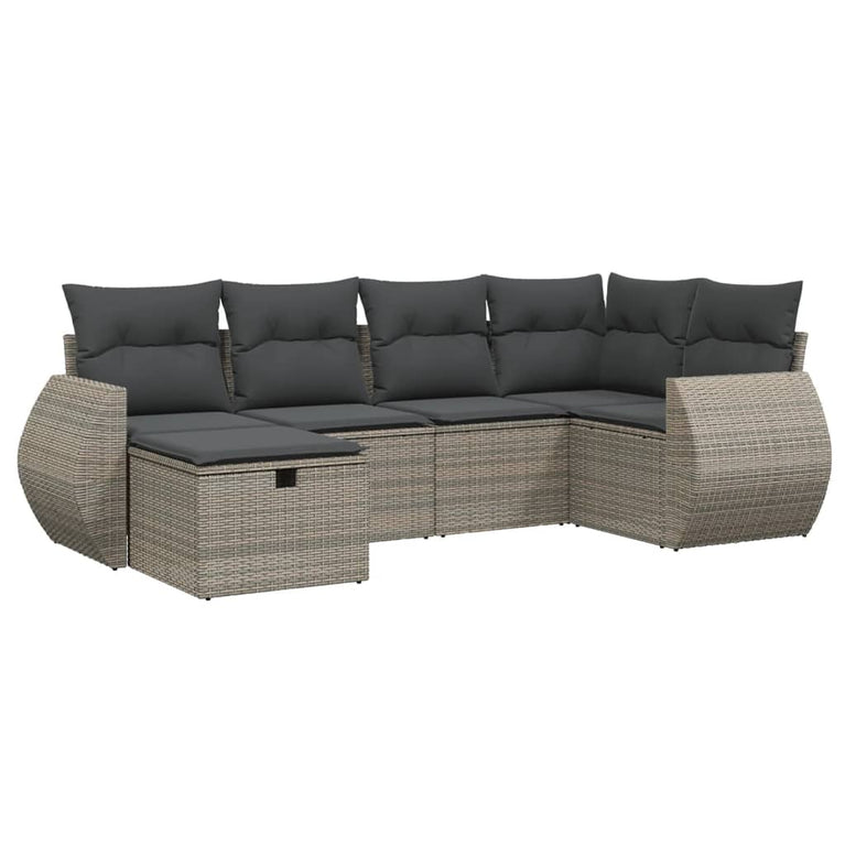 6-delige Loungeset met kussens poly rattan grijs