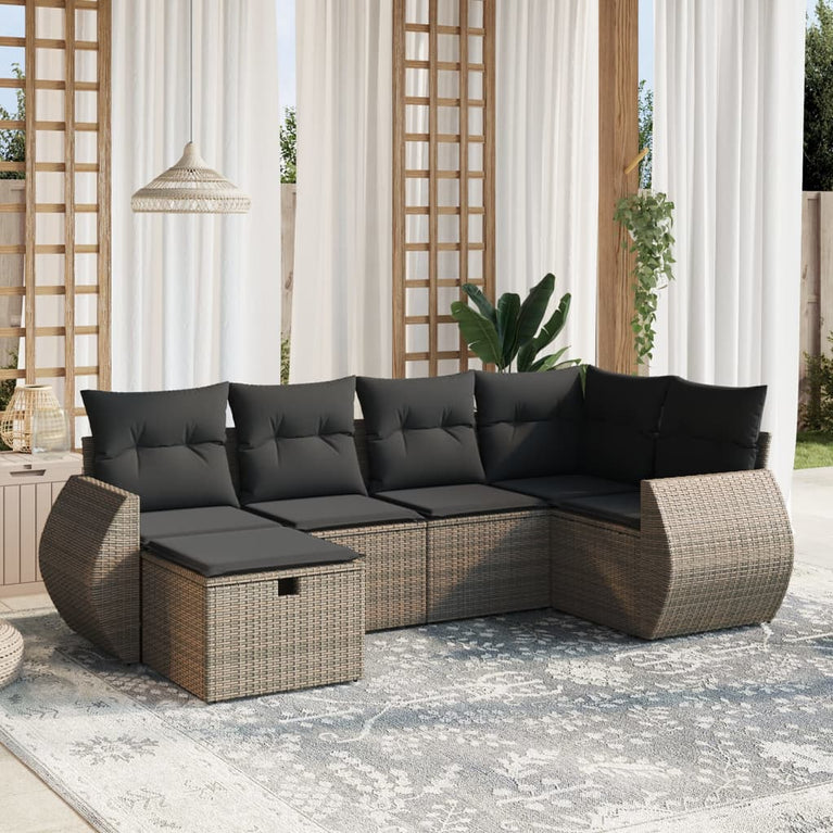 6-delige Loungeset met kussens poly rattan grijs