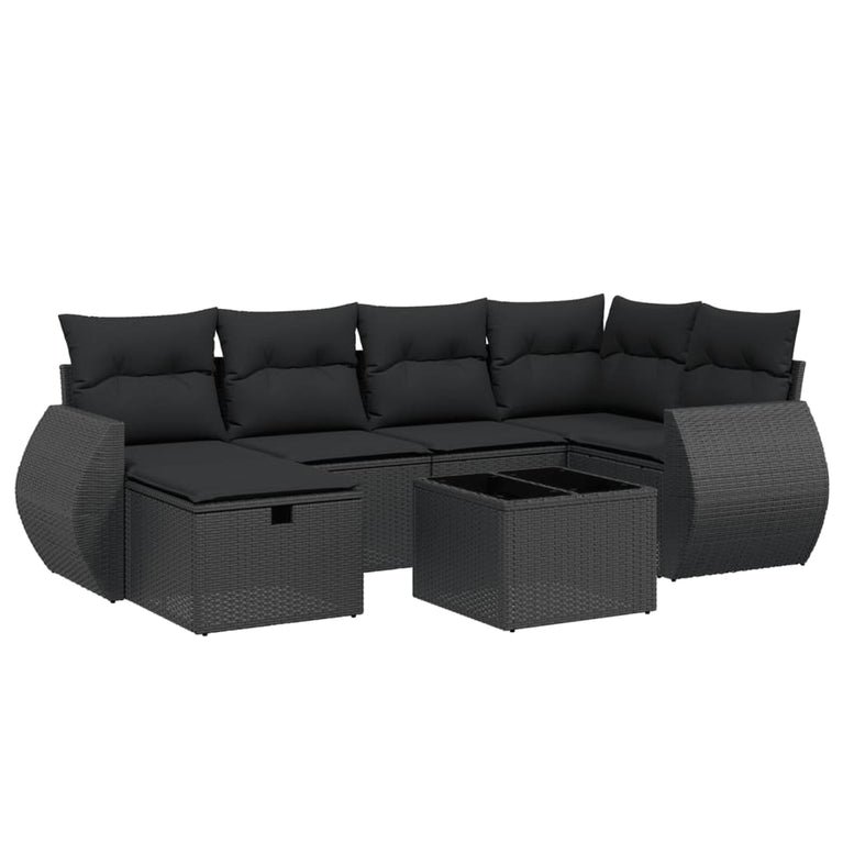 7-delige Loungeset met kussens poly rattan zwart