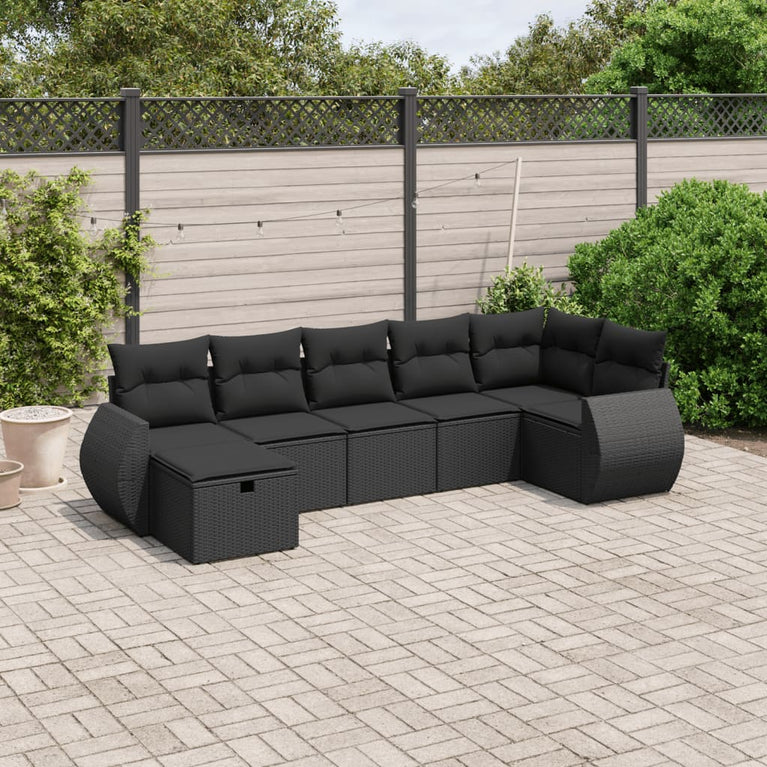 7-delige Loungeset met kussens poly rattan zwart