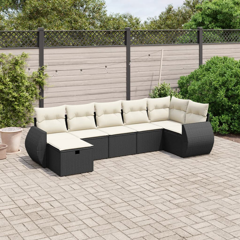 7-delige Loungeset met kussens poly rattan zwart