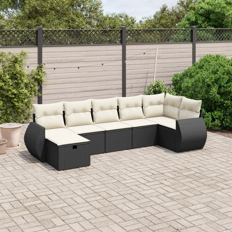 7-delige Loungeset met kussens poly rattan zwart