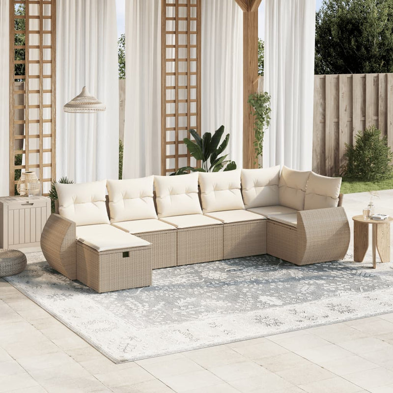 7-delige Loungeset met kussens poly rattan beige