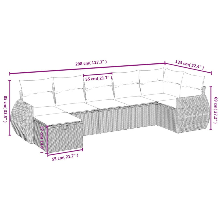 7-delige Loungeset met kussens poly rattan gemengd beige