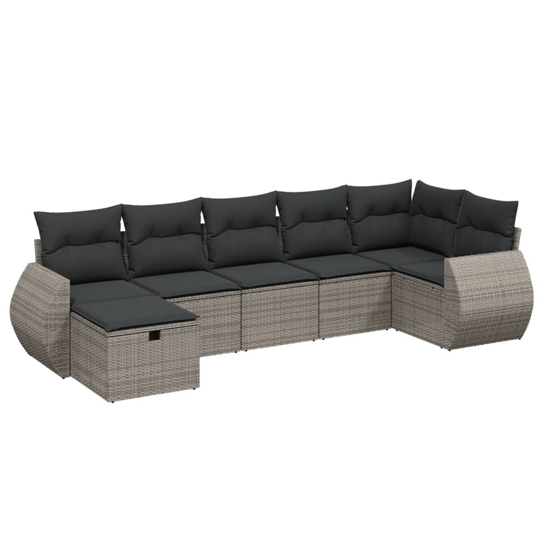 7-delige Loungeset met kussens poly rattan grijs