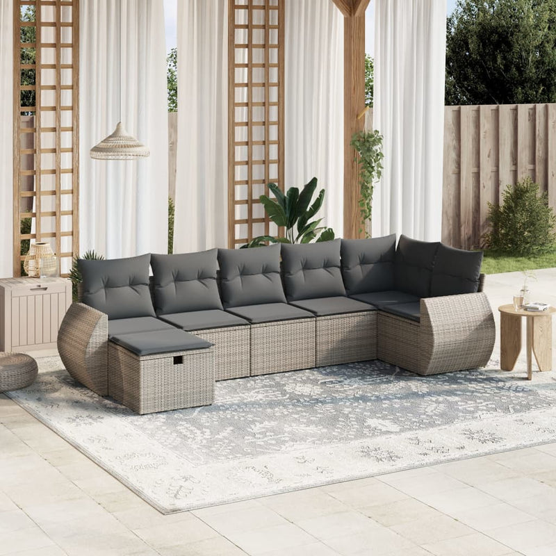 7-delige Loungeset met kussens poly rattan grijs