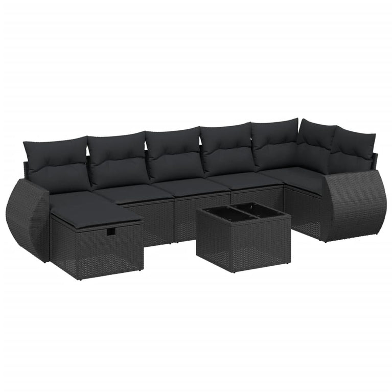 8-delige Loungeset met kussens poly rattan zwart