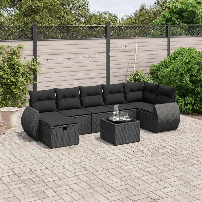 8-delige Loungeset met kussens poly rattan zwart