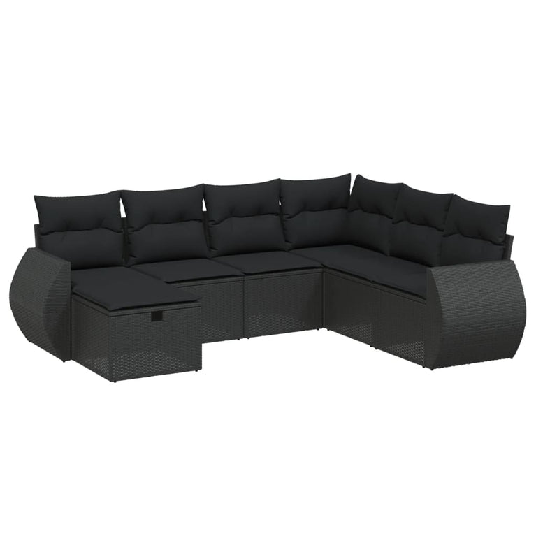 7-delige Loungeset met kussens poly rattan zwart