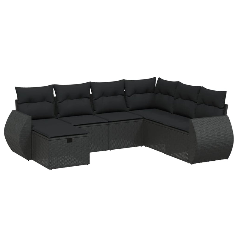 7-delige Loungeset met kussens poly rattan zwart
