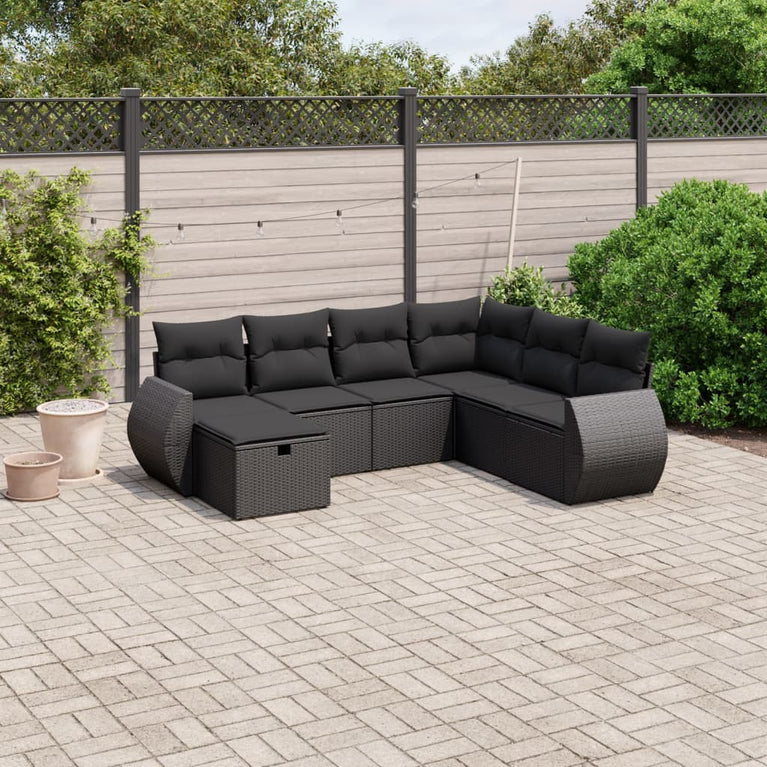 7-delige Loungeset met kussens poly rattan zwart