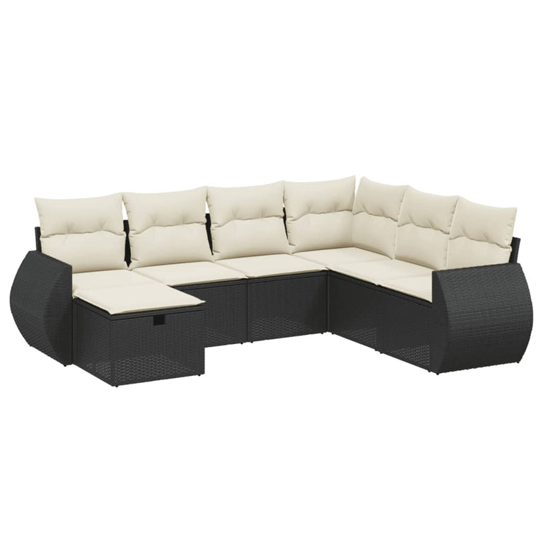 7-delige Loungeset met kussens poly rattan zwart