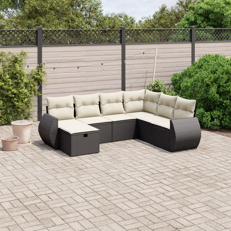 7-delige Loungeset met kussens poly rattan zwart