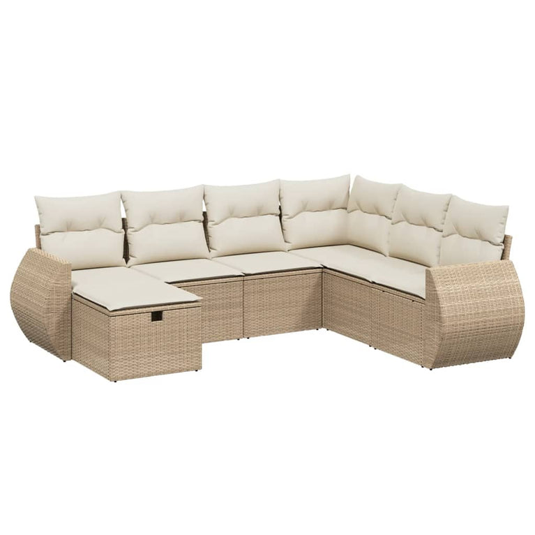 7-delige Loungeset met kussens poly rattan beige