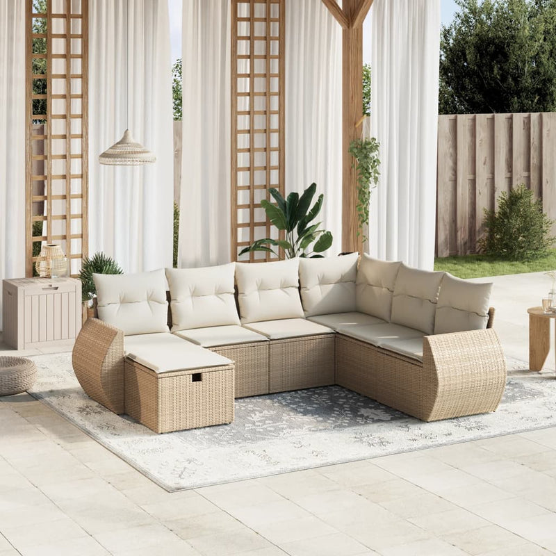 7-delige Loungeset met kussens poly rattan beige