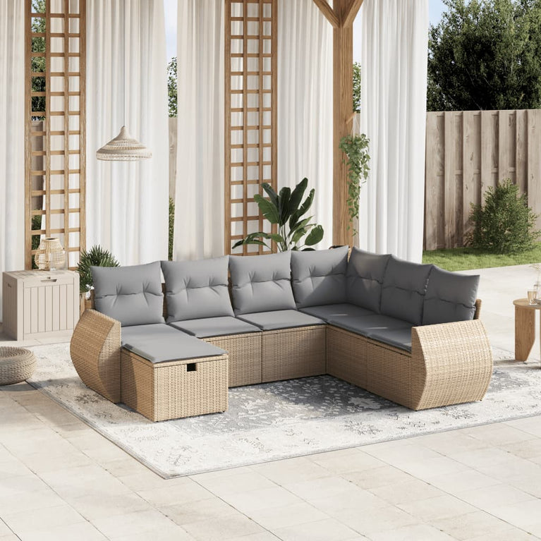 7-delige Loungeset met kussens poly rattan gemengd beige
